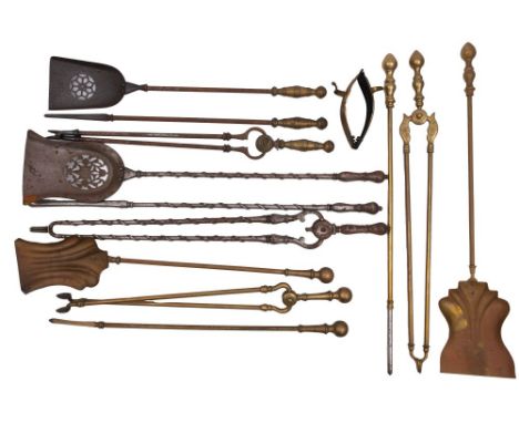 A set of Victorian steel fire irons in George III style, late 19th century; comprising shovel, poker and tongs, the shovel 76