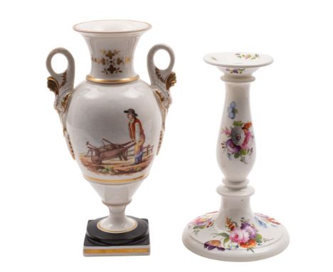 An early 19th century English porcelain baluster vase and a similar candlestick the vase with swan neck handles and painted w