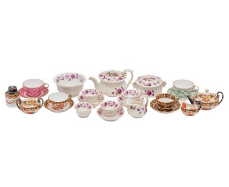 A miniature Royal Crown Derby porcelain tea service, comprising a teapot and cover, milk jug, sugar box and cover, tea canist