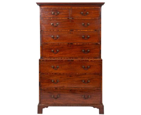 A George III mahogany chest on chest, circa 1775; the upper section with dentil moulded cornice above two short and three gra
