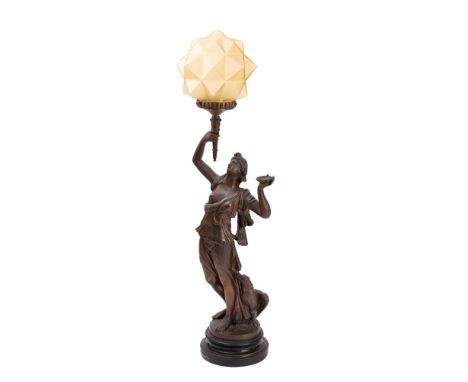 A French patinated spelter figural table lamp representing Hebe and the eagle, circa 1900, the maiden partially draped, raisi