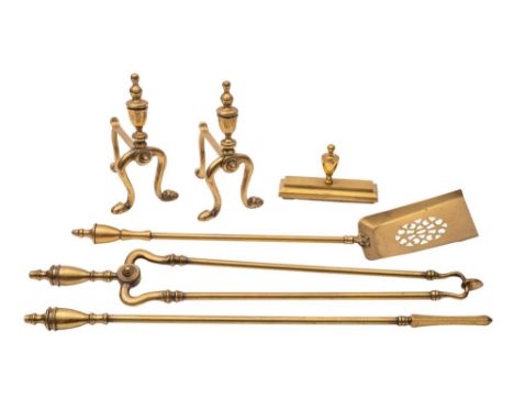 A set of three George III brass fire tools, circa 1800; comprising shovel, poker and tongs, all with urn handles, the shovel,