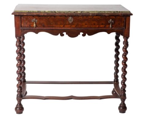 A Queen Anne or George I walnut, laburnum and Connemara marble topped side table, first quarter 18th century; possibly previo