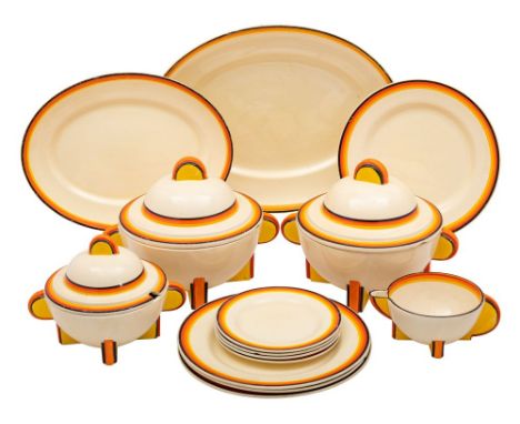 A Clarice Cliff Bizarre part dinner service in the Odilon shape painted with yellow, orange and black bands and comprising fo