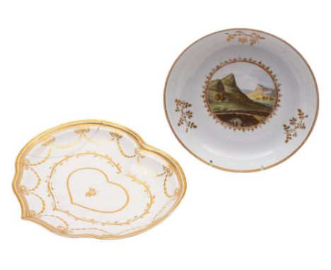 An early Minton topographical saucer dish and a Derby heart-shaped dessert dish the first painted with an extensive landscape