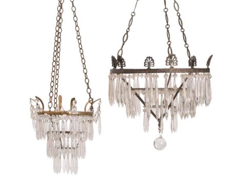 A 19th century gilt metal and glass chandelier of tiered circular form with prismatic suspensions, 22cm diameter, together wi