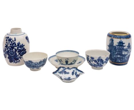 A mixed lot of First Period Worcester and Caughley blue and white porcelain including a tea canister printed in 'The Three Fl