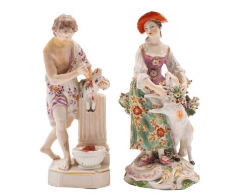 A Derby figure 'Sacrifice' and a similar bocage figure of a sherpherdess the first depicting Jason sacrificing a kid goat at 