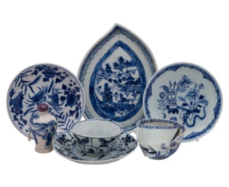 A small group of Chinese blue and white porcelain, Qing Dynasty comprising a leaf shaped dish; a baluster snuff bottle painte