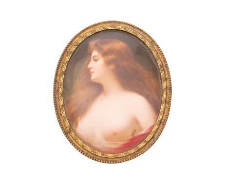 A small German porcelain oval portrait plaque in Berlin style: depicting a semi-nude maiden with flowing hair, impressed mark