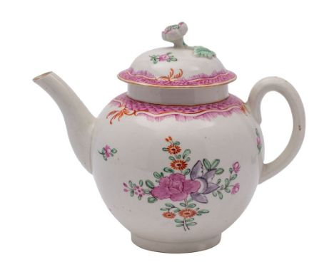 A Baddeley Littler porcelain teapot and cover, of globular form the domed cover with flower knop, painted with bouquets withi