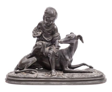 A French spelter model of a young girl feeding a greyhound, early 20th century, the girl wearing a draped tunic and holding a