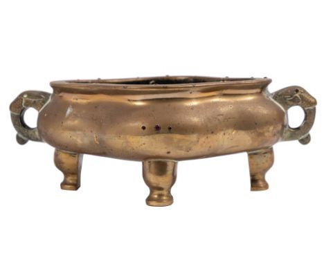 A Chinese bronze censer of quatrefoil form with stylised elephant head handles and embellished with ruby coloured brilliants,