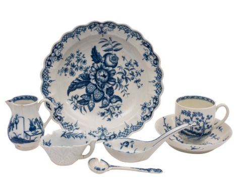 A mixed lot of First Period Worcester blue and white porcelain comprising a 'Chinese rice' spoon in the 'Gillyflower' pattern