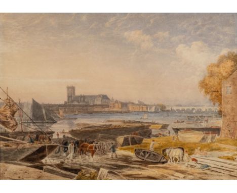 Attributed to George Barrett Jr (Irish, 1767-1842)View of Westminster Abbey from across the Thames, probably at Lambethwaterc