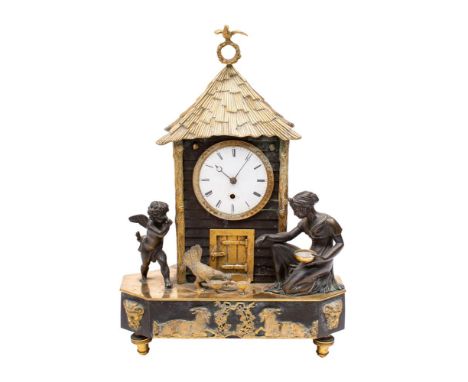 An English bronze and ormolu Georgian mantle clock in the form of a chicken coop having an eight-day duration single-fusee ti