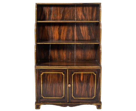 A Regency painted faux coromandel and parcel gilt waterfall bookcase, early 19th century; the top with moulded edges, above m