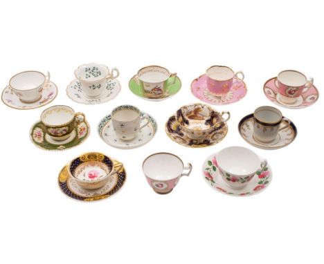 A group of ten late 18th/19th century English porcelain cups and saucers and one trio various factories, 23 [some damage].