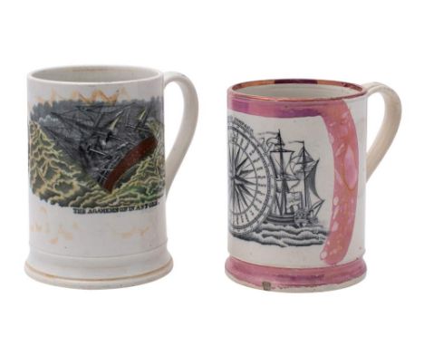 A Sunderland pink lustre frog mug and a similar orange lustre mug, the first printed with 'The Mariner's Compass', circa 1840