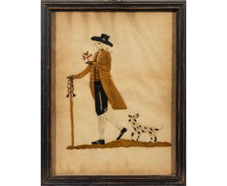 A George III silkwork portrait of a gentleman and his hound, late 18th century, possibly representing a Quaker, embroidery on