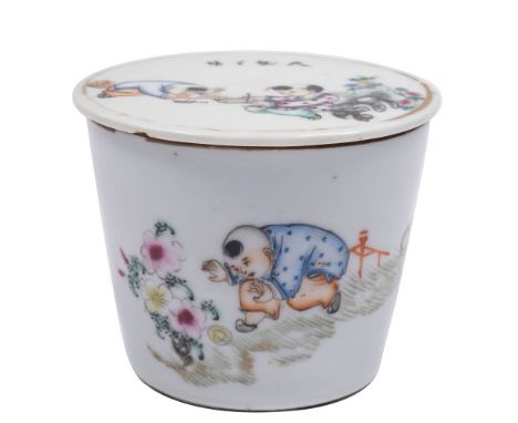 A Chinese porcelain jar and cover of swelling cylinder form enamelled with children engaged in play, the cover inscribed 'A t