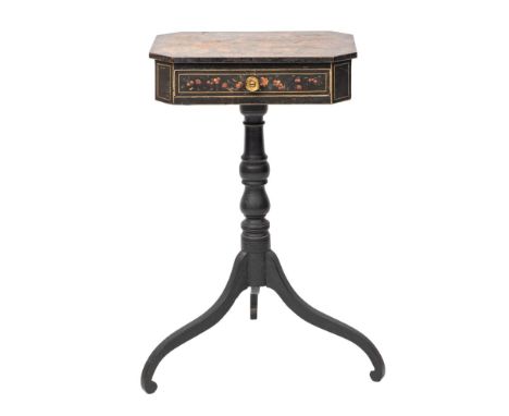 A Regency painted and ebonised wood tripod side table, circa 1815; the canted rectangular top decorated with figures in Chino