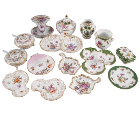 A Quantity of Dresden and other German porcelain, primarily decorated with flowers within gold borders, but including some gr