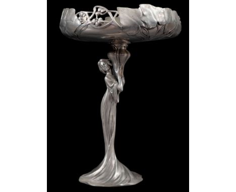 An Italian Art Nouveau WMF style base metal figural table centrepiece tazza with four division serving sections by Achille Ga