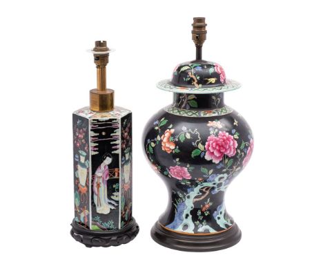 A Chinese famille noire baluster vase table lamp and a similar hexagonal lamp the first decorated with peonies and rockwork, 