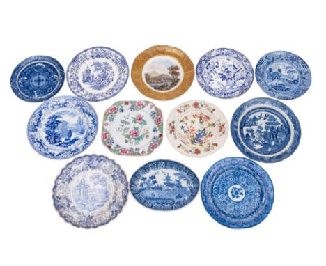 A group of nine English blue transfer printed pearlware and other pottery plates together with two ironstone plates and a Pra