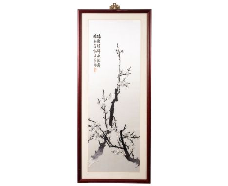 A set of four Chinese silk work panels depicting bamboo, flowering shrubs and blossom, each with two-line inscription and sea