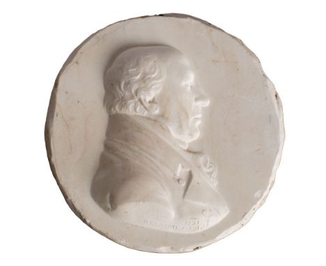 John Kenning RA (British, 1771-1851), a white glass paste portrait medallion of a nobleman in profile, shoulder-length, looki