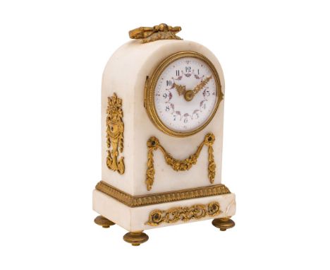 A French Victorian white marble and ormolu mounted timepiece: the eight-day duration timepiece movement having a platform lev