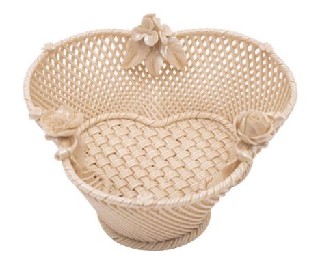 A small Belleek trefoil basket with three-strand basket work, the rim applied with flower sprays, First Period mark, circa 18