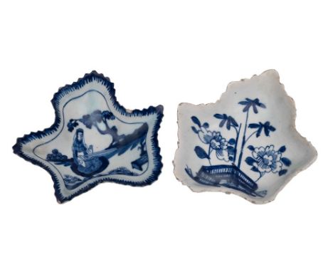 An early Bow blue and white leaf shaped pickle dish and one similar the first painted with a fence, peony and bamboo, '127' m