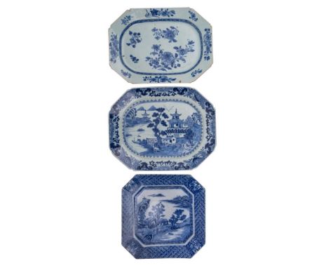 Two Chinese blue and white octagonal dishes and a Japanese transfer printed dish the first two painted with a pagoda lake lan