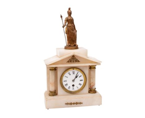 A French Edwardian alabaster mantel clock having an eight-day duration timepiece movement, the round white enamel dial with b