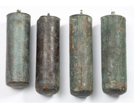 Two pairs of brass bound longcase clock weights.