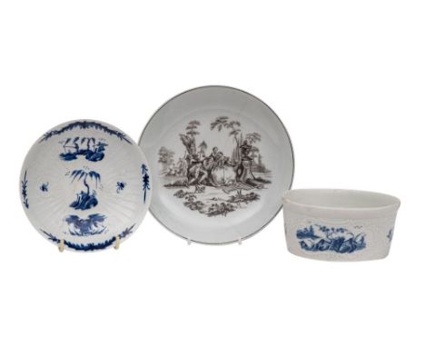 A mixed lot of First Period Worcester porcelain comprising a blue and white potted meat pot moulded with cartouches and paint