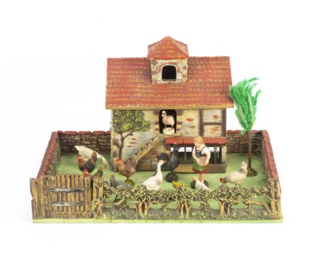Elastolin Germany 15116-1/2 composition building on walled base in bottom half of original box with farm fowl consisting of c