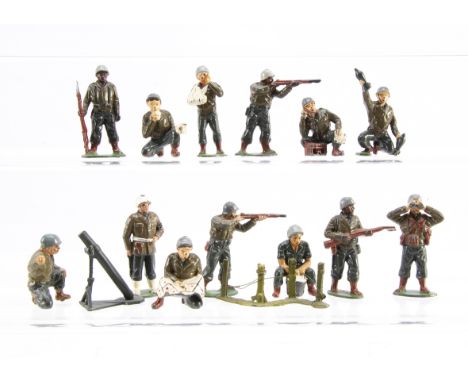 Timpo Toys loose United States G.I. figures including 3 pce Mortar Team,  figures eating, map reading, ill, fighting etc, inc