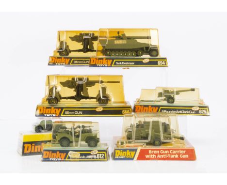 Bubble Packed Military Dinky Toys, 656 88mm Gun (2), 694 Tank Destroyer, 619 Bren Gun Carrier with Anti-Tank Gun, 625 6 Pound