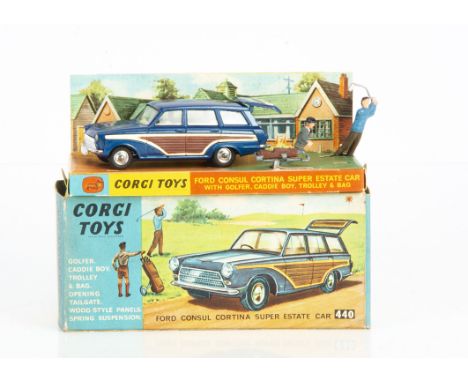 A Corgi Toys 440 Ford Consul Cortina Super Estate, metallic dark blue body, cream interior, brown side panels, with golfer, c