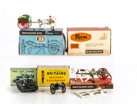 Britains Farm &amp; Military Models, 9506 Farm Rake, 9503 Milk Float, 1876 Bren Gun Carrier with three crew members and leafl