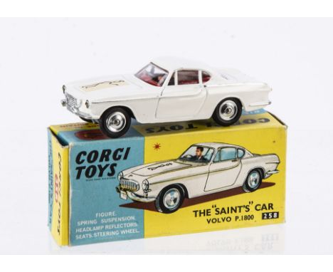 A Corgi Toys 258 The Saint's Volvo P.1800, white body, black 'Saint' transfer, red interior, driver, spun hubs, in original b