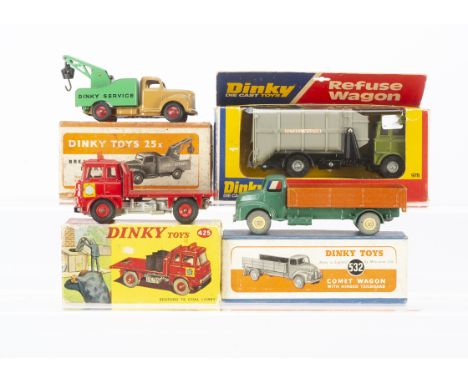 Dinky Toy Commercials, 532 Leyland Comet Wagon with Hinged Tailboard, green body, orange back, cream hubs, 25x Commer Breakdo