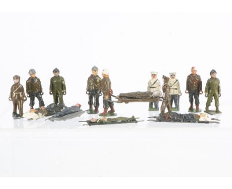 3 pce stretcher team sets by various minor British makers comprising Timpo stretcher bearers (4) and stretcher,   Charbens be