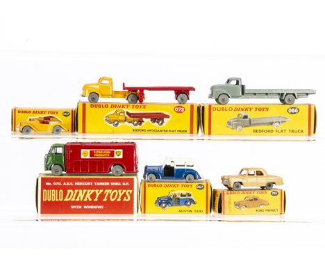 Dublo Dinky Toys Commercials &amp; Cars, 070 AEC Mercury Shell Tanker, 072 Bedford Articulated Flat Truck, 067 Austin Taxi, a