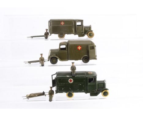 Britains British Army motor ambulances comprising square-nosed version with standard white cross on red background roundel, c