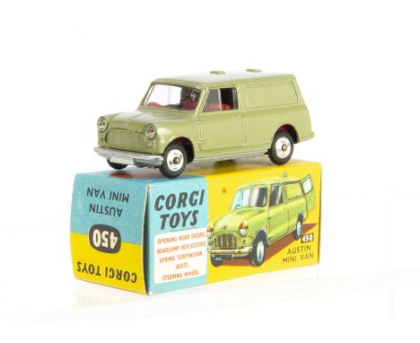 A Corgi Toys 450 Austin Mini Van, metallic sage green body, red interior, 'Countryman' grille, spun hubs, in original box wit